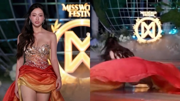 Lương Thùy Linh ngã trên sân khấu Miss World
