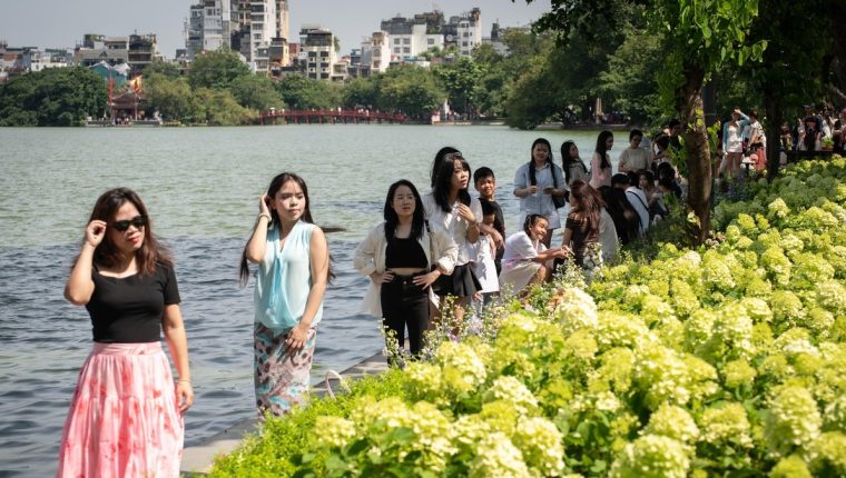 Xếp hàng chờ chụp ảnh cùng hoa cẩm tú