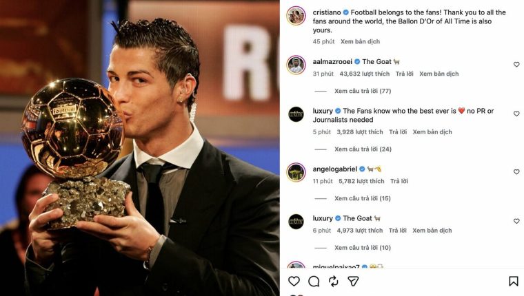 Ronaldo ăn mừng Quả Bóng Vàng hay nhất mọi